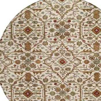 8' Ivory Brown And Red Round Floral Washable Indoor Outdoor Area Rug