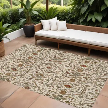 9' X 12' Ivory Brown And Red Floral Washable Indoor Outdoor Area Rug