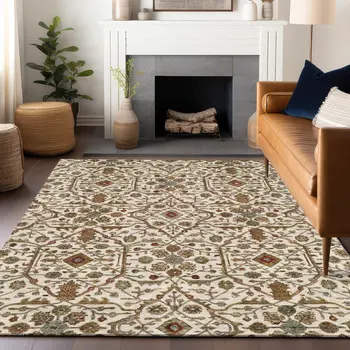 9' X 12' Ivory Brown And Red Floral Washable Indoor Outdoor Area Rug