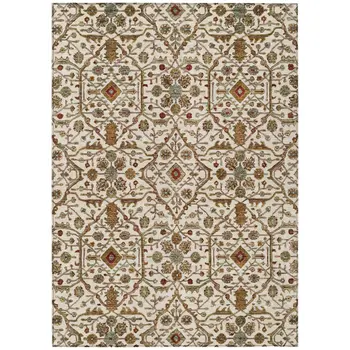 10' X 14' Ivory Brown And Red Floral Washable Indoor Outdoor Area Rug