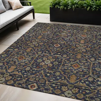 5' X 8' Navy Blue Brown And Red Floral Washable Indoor Outdoor Area Rug