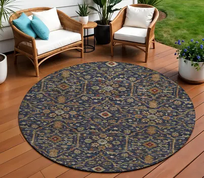 8' Navy Blue Brown And Red Round Floral Washable Indoor Outdoor Area Rug