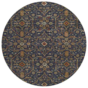 8' Navy Blue Brown And Red Round Floral Washable Indoor Outdoor Area Rug