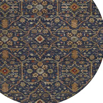 8' Navy Blue Brown And Red Round Floral Washable Indoor Outdoor Area Rug