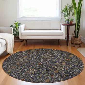 8' Navy Blue Brown And Red Round Floral Washable Indoor Outdoor Area Rug