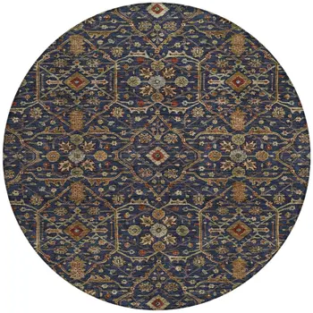 8' Navy Blue Brown And Red Round Floral Washable Indoor Outdoor Area Rug