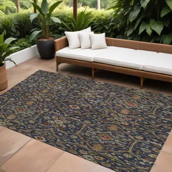 8' X 10' Navy Blue Brown And Red Floral Washable Indoor Outdoor Area Rug