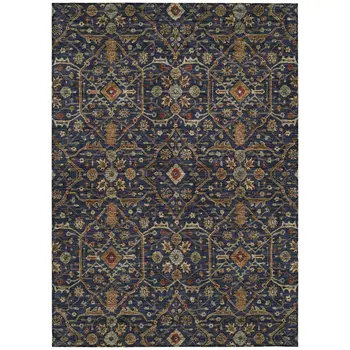 8' X 10' Navy Blue Brown And Red Floral Washable Indoor Outdoor Area Rug