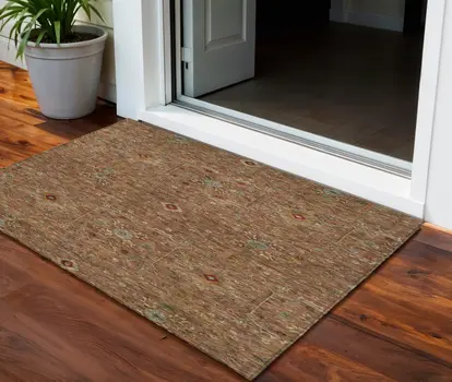 3' X 5' Brown Red And Green Floral Washable Indoor Outdoor Area Rug