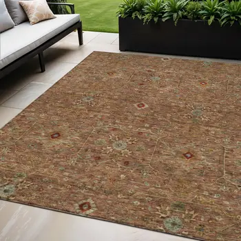 5' X 8' Brown Red And Green Floral Washable Indoor Outdoor Area Rug