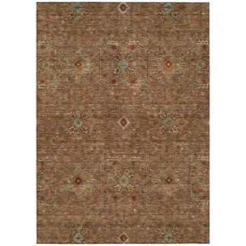 5' X 8' Brown Red And Green Floral Washable Indoor Outdoor Area Rug