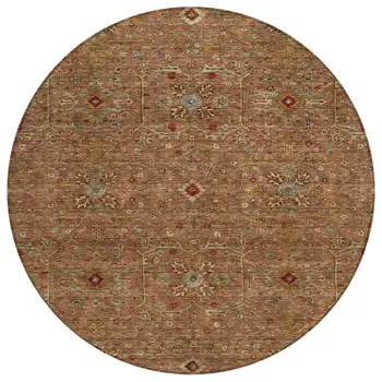 8' Brown Red And Green Round Floral Washable Indoor Outdoor Area Rug