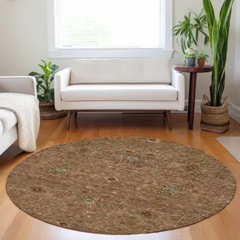 8' Brown Red And Green Round Floral Washable Indoor Outdoor Area Rug