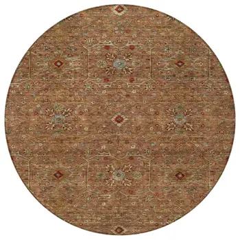 8' Brown Red And Green Round Floral Washable Indoor Outdoor Area Rug