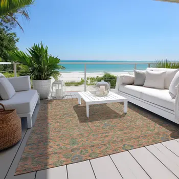 9' X 12' Coral And Teal Blue Floral Washable Indoor Outdoor Area Rug