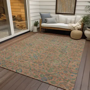 10' X 14' Coral And Teal Blue Floral Washable Indoor Outdoor Area Rug