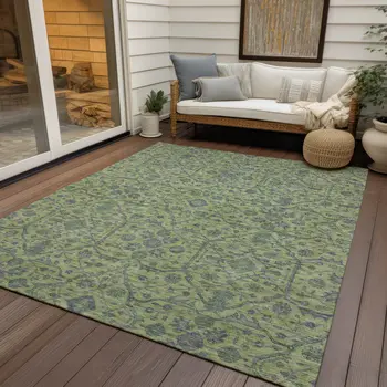 3' X 5' Lime Green And Gray Floral Washable Indoor Outdoor Area Rug