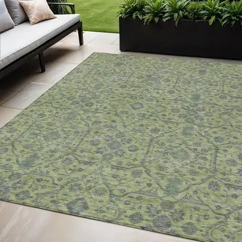 5' X 8' Lime Green And Gray Floral Washable Indoor Outdoor Area Rug