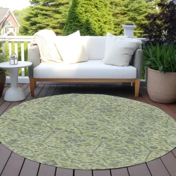 8' Lime Green And Gray Round Floral Washable Indoor Outdoor Area Rug