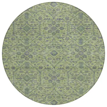 8' Lime Green And Gray Round Floral Washable Indoor Outdoor Area Rug