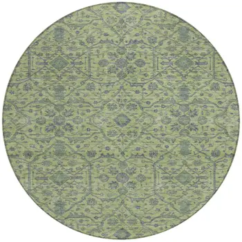 8' Lime Green And Gray Round Floral Washable Indoor Outdoor Area Rug
