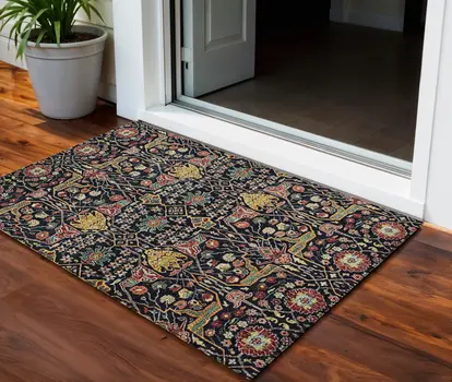 3' X 5' Black Red And Gold Floral Washable Indoor Outdoor Area Rug