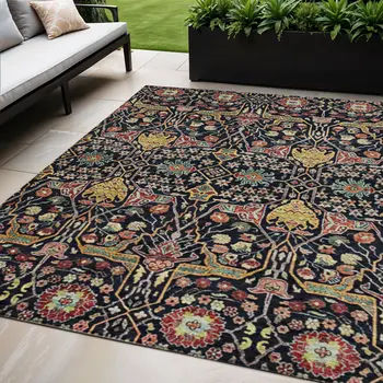5' X 8' Black Red And Gold Floral Washable Indoor Outdoor Area Rug