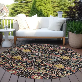 8' Black Red And Gold Round Floral Washable Indoor Outdoor Area Rug