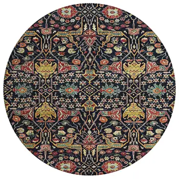 8' Black Red And Gold Round Floral Washable Indoor Outdoor Area Rug