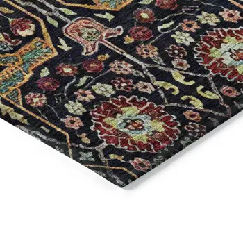 8' Black Red And Gold Round Floral Washable Indoor Outdoor Area Rug
