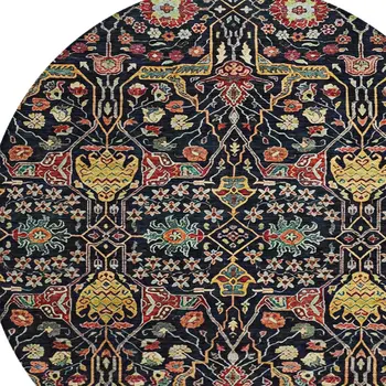 8' Black Red And Gold Round Floral Washable Indoor Outdoor Area Rug