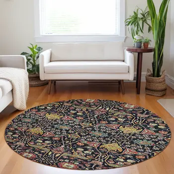 8' Black Red And Gold Round Floral Washable Indoor Outdoor Area Rug