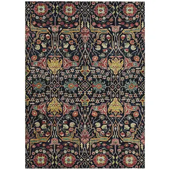 9' X 12' Black Red And Gold Floral Washable Indoor Outdoor Area Rug