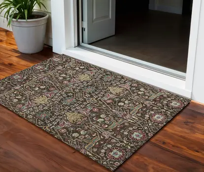 3' X 5' Chocolate Red And Gold Floral Washable Indoor Outdoor Area Rug