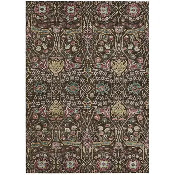 5' X 8' Chocolate Red And Gold Floral Washable Indoor Outdoor Area Rug