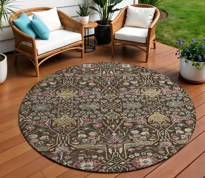 8' Chocolate Red And Gold Round Floral Washable Indoor Outdoor Area Rug