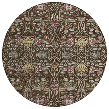 8' Chocolate Red And Gold Round Floral Washable Indoor Outdoor Area Rug
