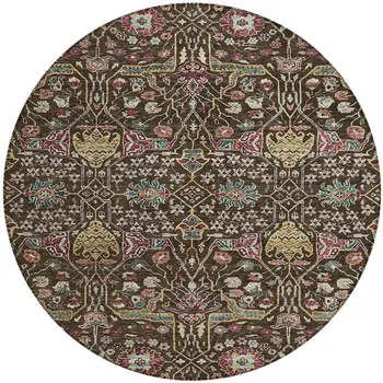 8' Chocolate Red And Gold Round Floral Washable Indoor Outdoor Area Rug