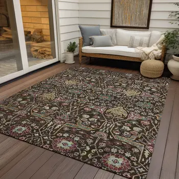8' X 10' Chocolate Red And Gold Floral Washable Indoor Outdoor Area Rug