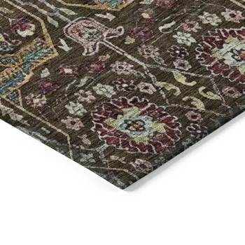 8' X 10' Chocolate Red And Gold Floral Washable Indoor Outdoor Area Rug