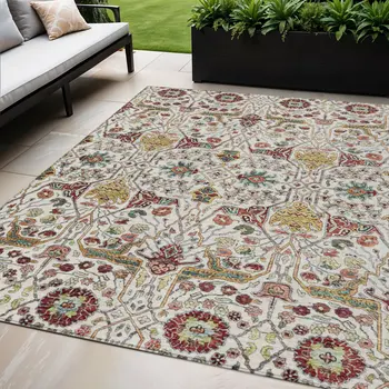 5' X 8' Ivory Red And Green Floral Washable Indoor Outdoor Area Rug