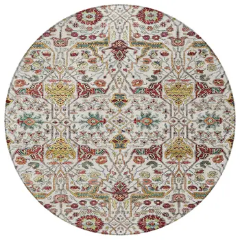 8' Ivory Red And Green Round Floral Washable Indoor Outdoor Area Rug