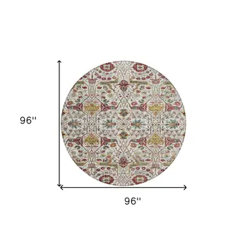 8' Ivory Red And Green Round Floral Washable Indoor Outdoor Area Rug