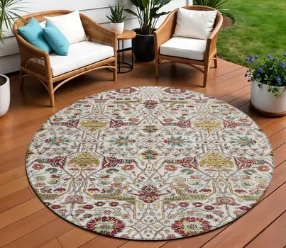 8' Ivory Red And Green Round Floral Washable Indoor Outdoor Area Rug
