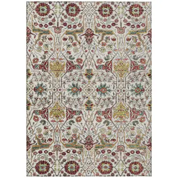 9' X 12' Ivory Red And Green Floral Washable Indoor Outdoor Area Rug