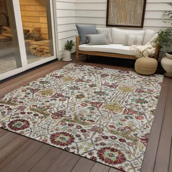10' X 14' Ivory Red And Green Floral Washable Indoor Outdoor Area Rug