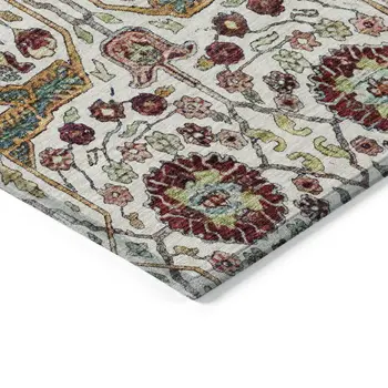 10' X 14' Ivory Red And Green Floral Washable Indoor Outdoor Area Rug