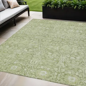 5' X 8' Artichoke Green And Ivory Floral Washable Indoor Outdoor Area Rug