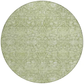 8' Artichoke Green And Ivory Round Floral Washable Indoor Outdoor Area Rug