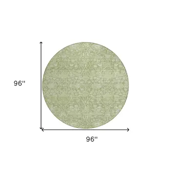 8' Artichoke Green And Ivory Round Floral Washable Indoor Outdoor Area Rug